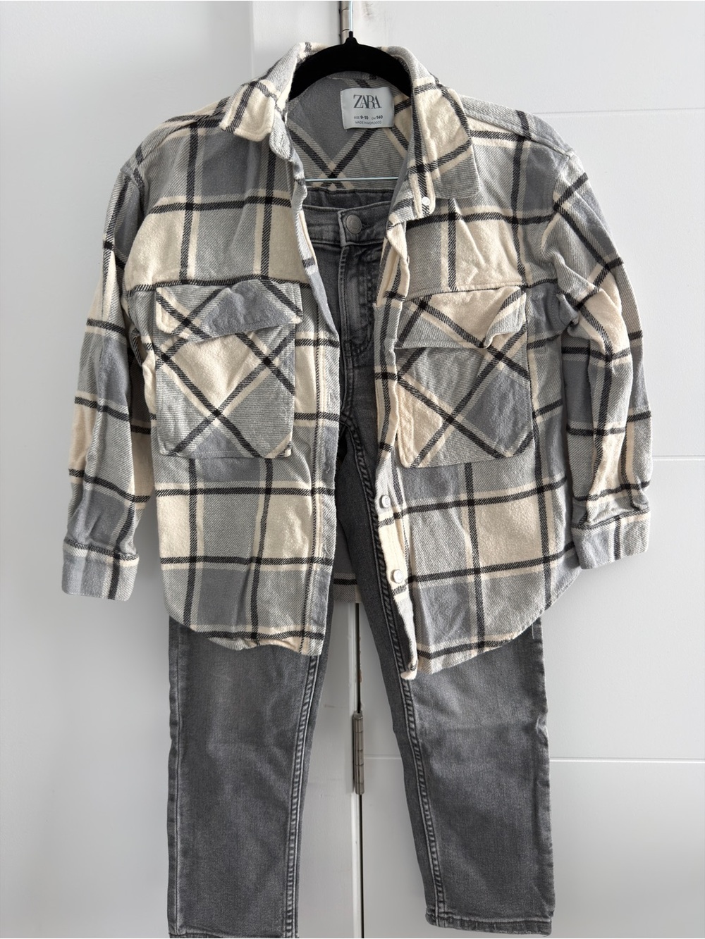 Zara Kids Cream & Gray Plaid Shacket with Front Pockets and Gray Denim